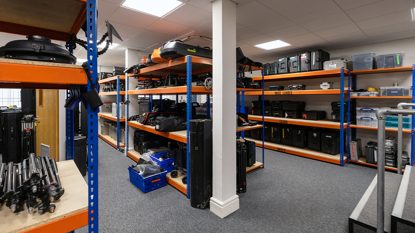 Open shelving of film kit in production rental store