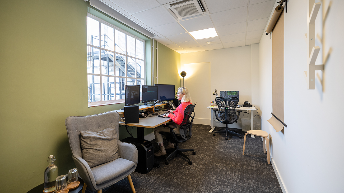Post-production suite office with green walls