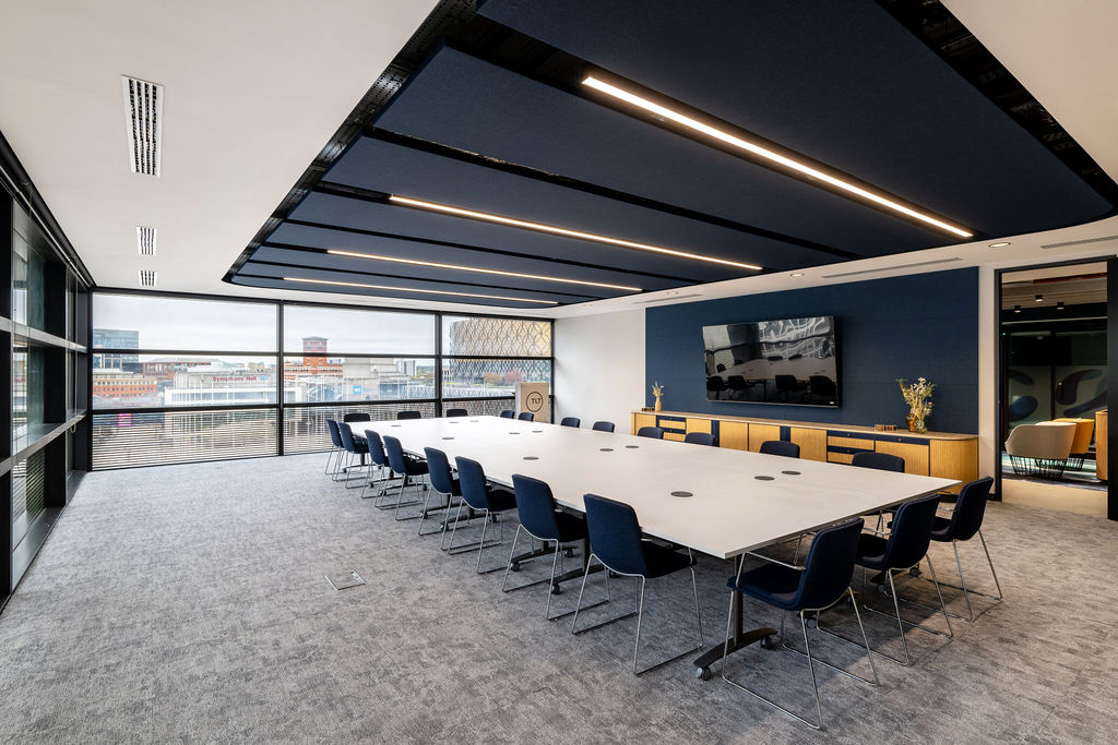 Boardroom with large table and acoustic baffling, TLT Birmingham