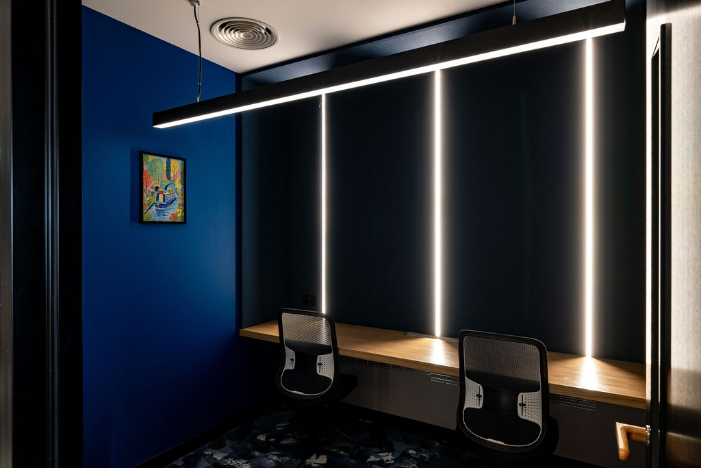 Focus Room with navy blue walls and soft lighting, TLT Birmingham