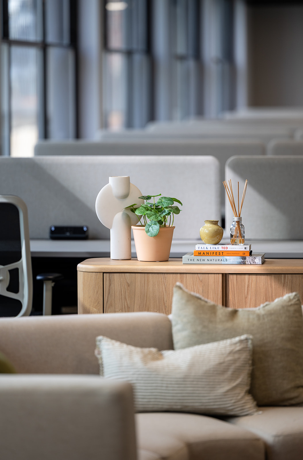 An office table with plants and books on it