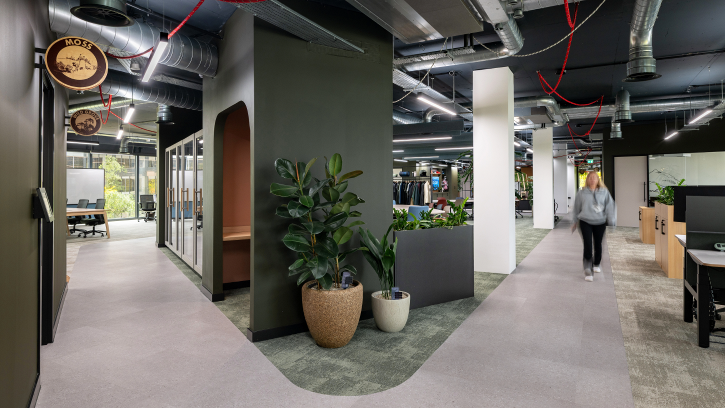 A curved intersection in earthy green tones, with bothy like meeting spaces and decorative foliage.